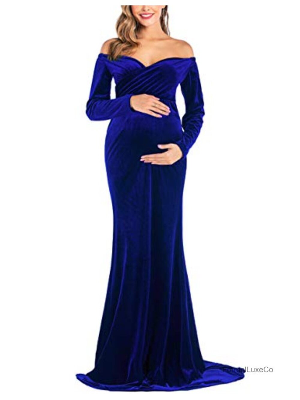 Velvet Maternity Off Shoulder Mermaid Gown Maxi Dress Long Sleeve Formal Photo